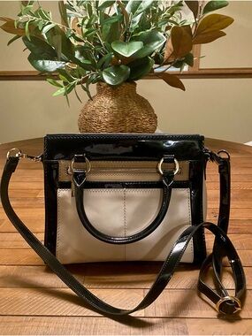 Karen Millen Black and Cream Patent Trim Crossbody Tote